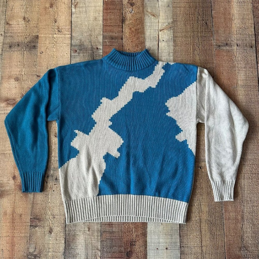 Country Suburbans Vintage Abstract Sweater Blue Beige Ribbed Turtleneck & Cuffs